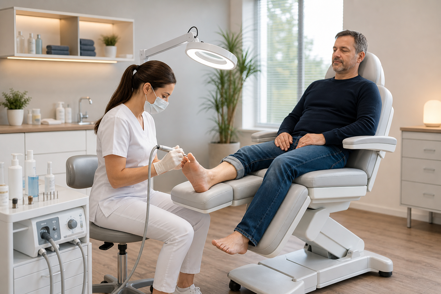 Podologe behandelt Patienten auf elektrischem Fußpflegestuhl in professioneller Podologiepraxis