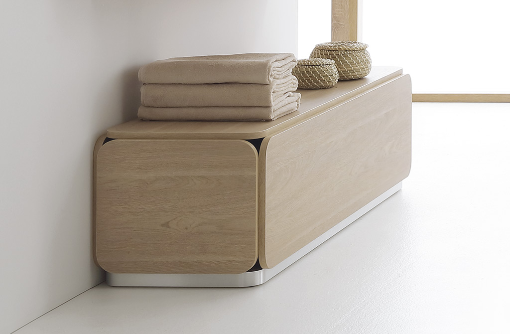 NAT BENCH Bank aus Melamin-Gesichtsboard, 10 Oberflächen, gebürsteter Stahlplattenrand, robust
