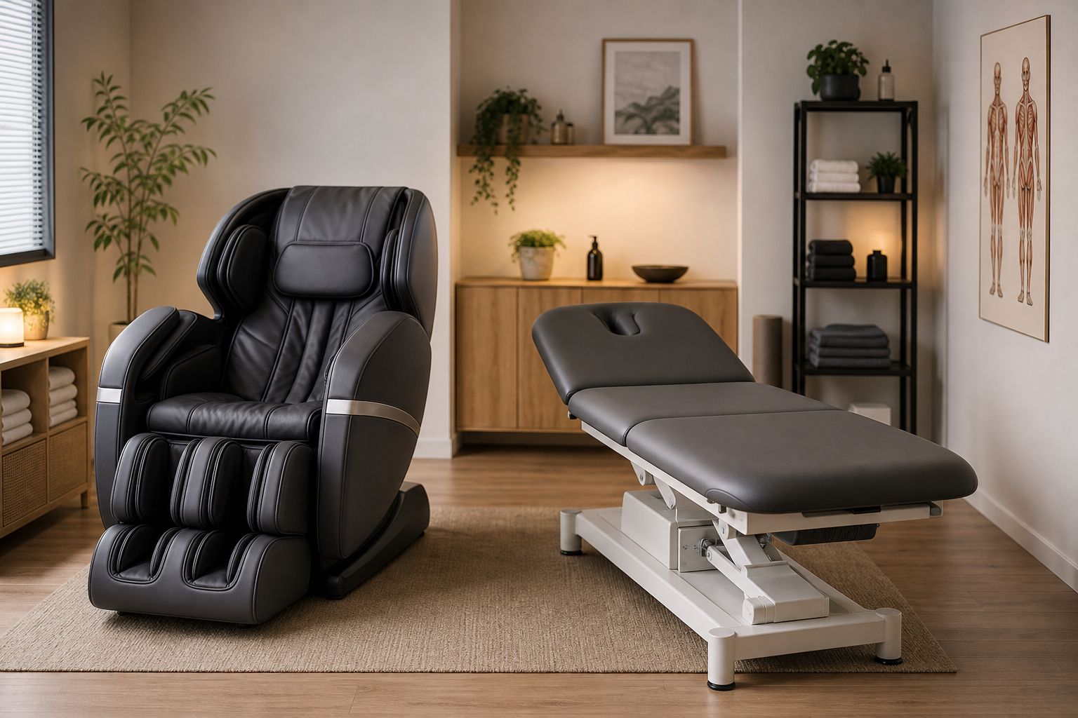 Massagestuhl und elektrische Massageliege im Vergleich nebeneinander im Behandlungsraum