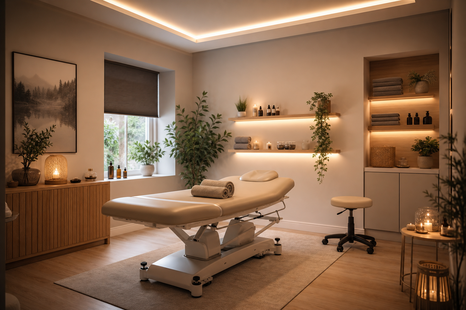 Professionell eingerichtetes Massagestudio mit elektrischer Behandlungsliege und Wellnesszubehör
