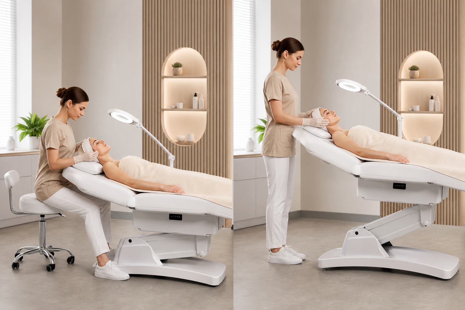 Ergonomisches Arbeiten an elektrischer Kosmetikliege, optimale Höhenverstellung für Kosmetikerinnen