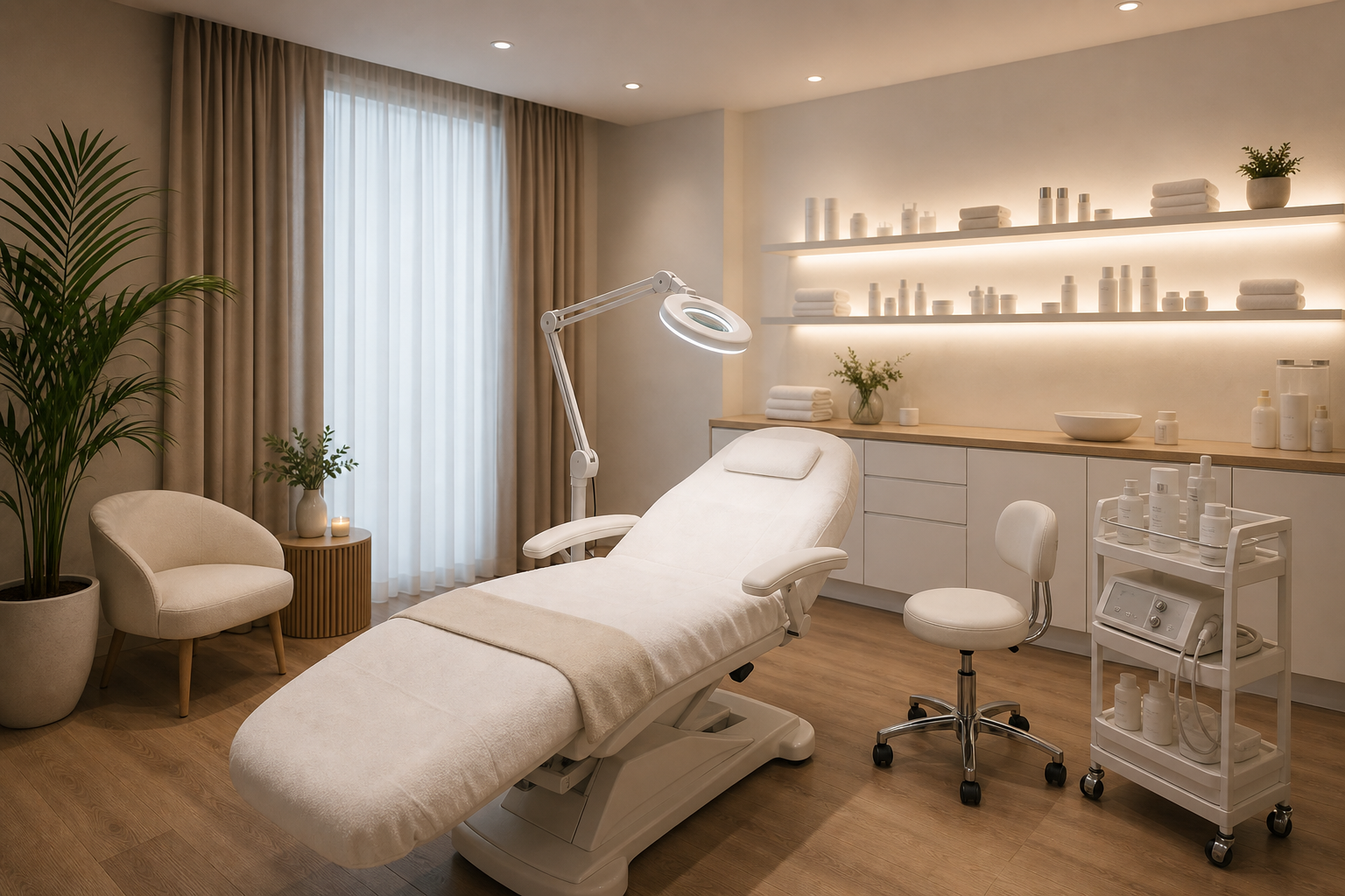 Professionell eingerichtetes Kosmetikstudio mit Kosmetikliege und Lupenleuchte