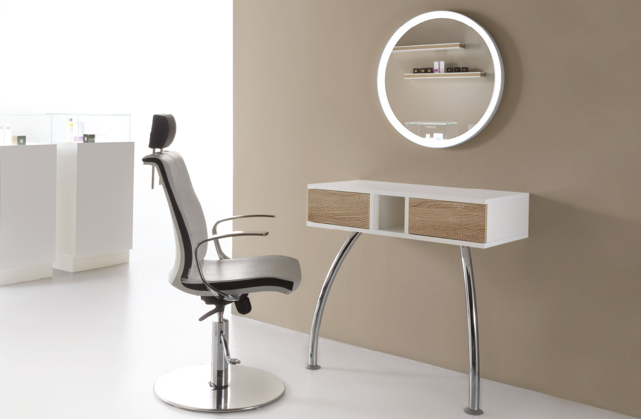 Make-up-Stuhl mit verchromtem Sockel, höhenverstellbar, Skai-Polsterung, 360°-Rotation