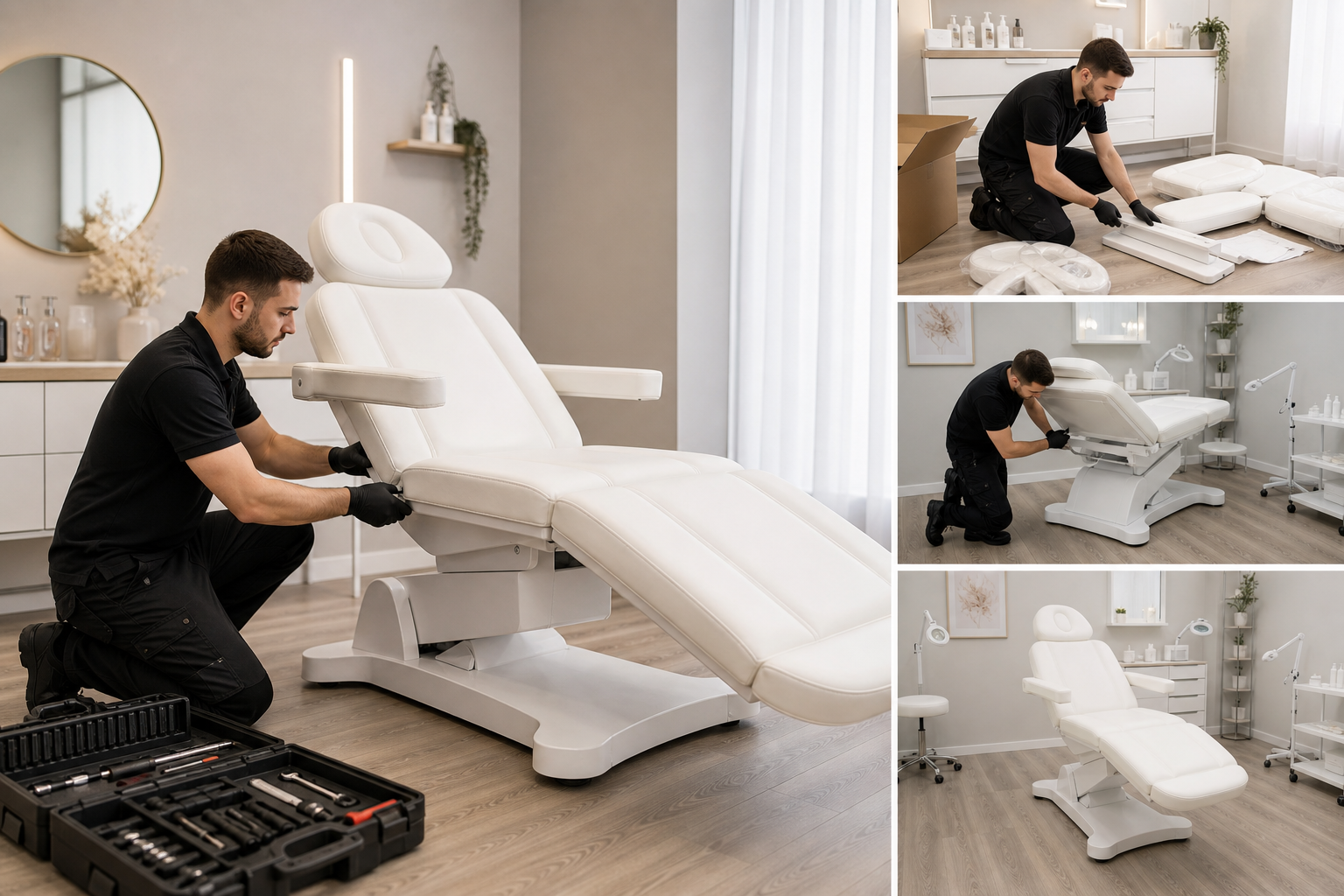 Professioneller Aufbauservice für Kosmetikliegen, Montage im Kosmetikstudio durch Fachpersonal