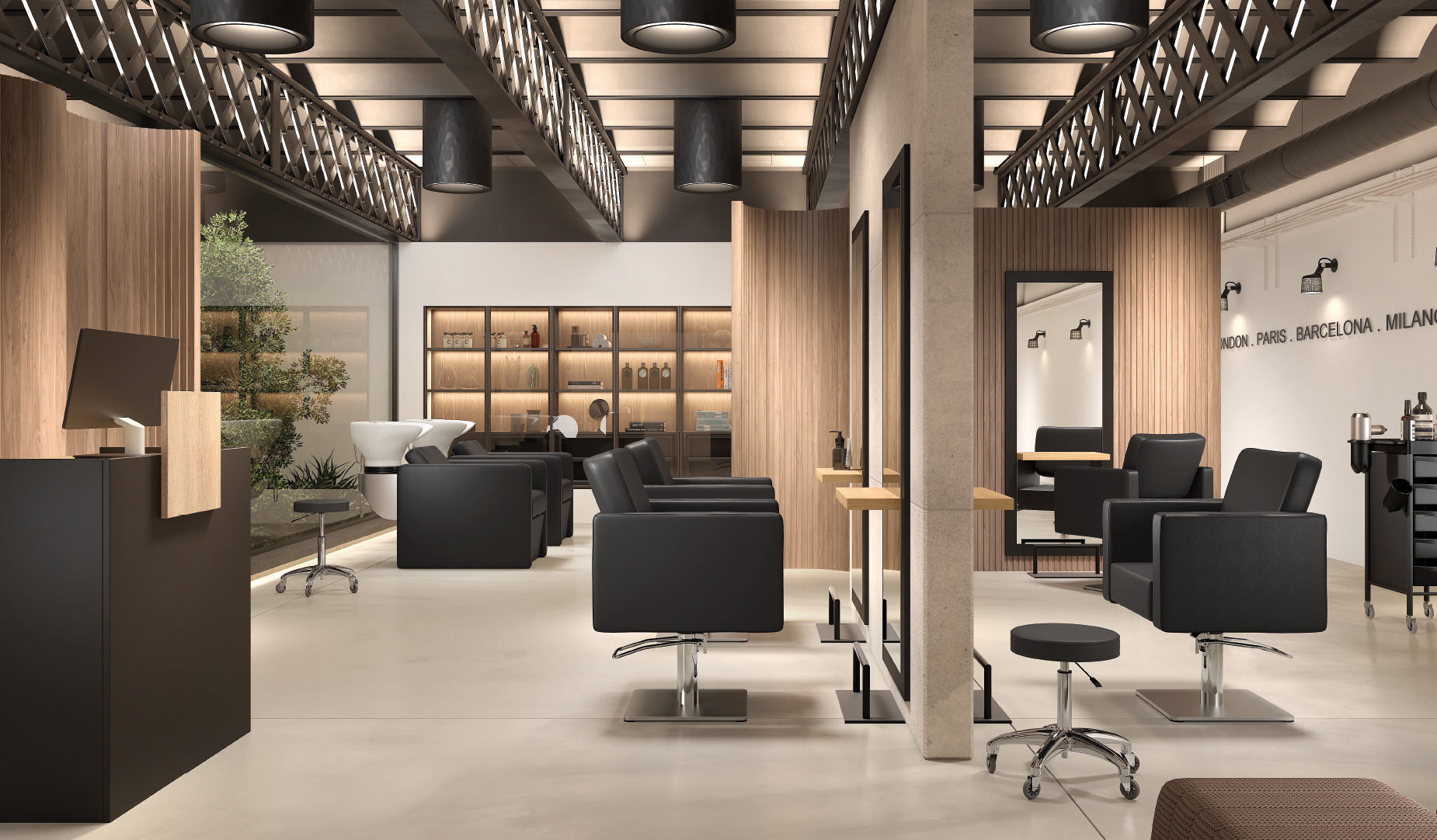 Prime Hair Salon – Eleganter Friseursalon in Schwarz und Holz