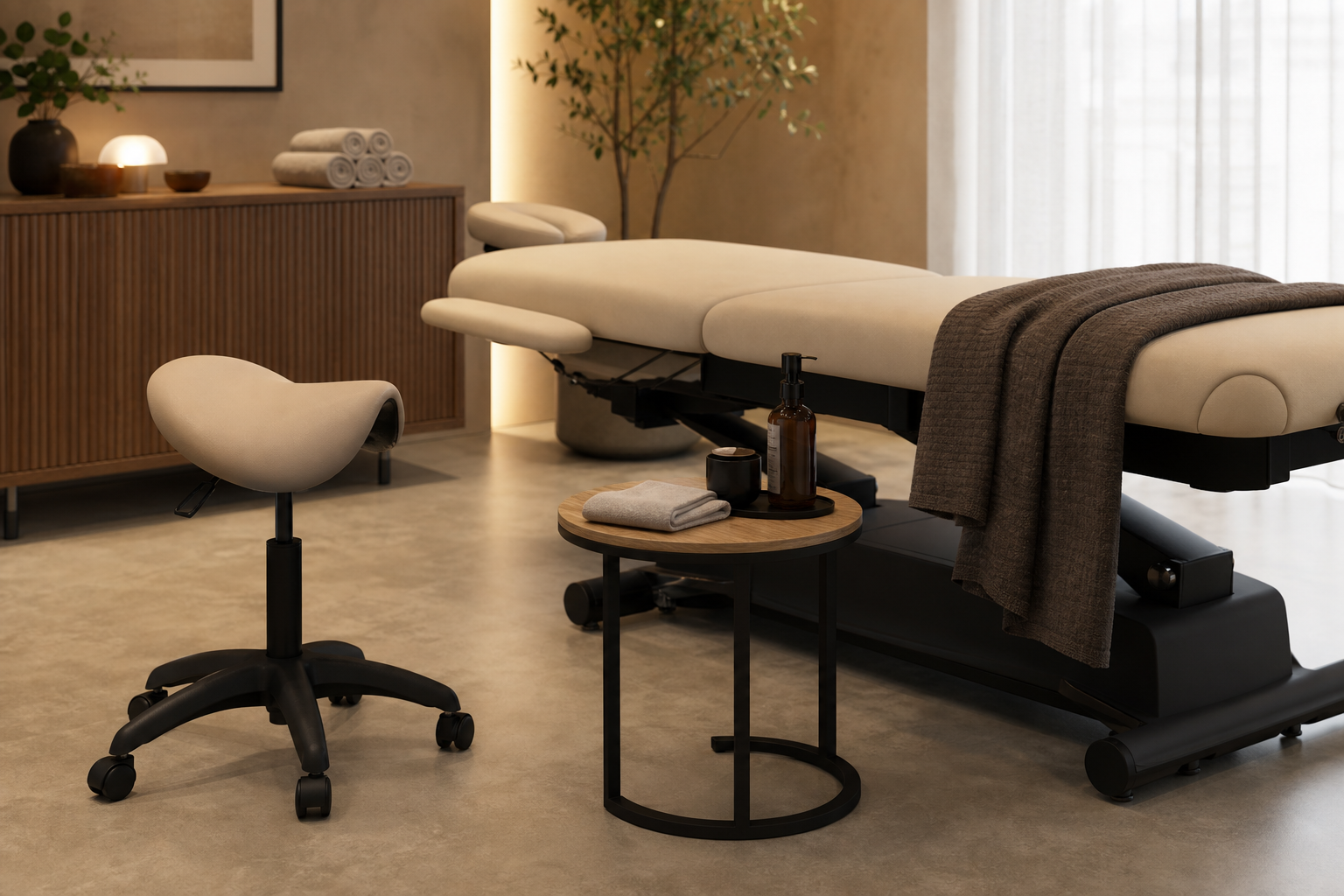 Ergonomischer Arbeitshocker und Beistelltisch neben einer professionellen Massageliege im Studio