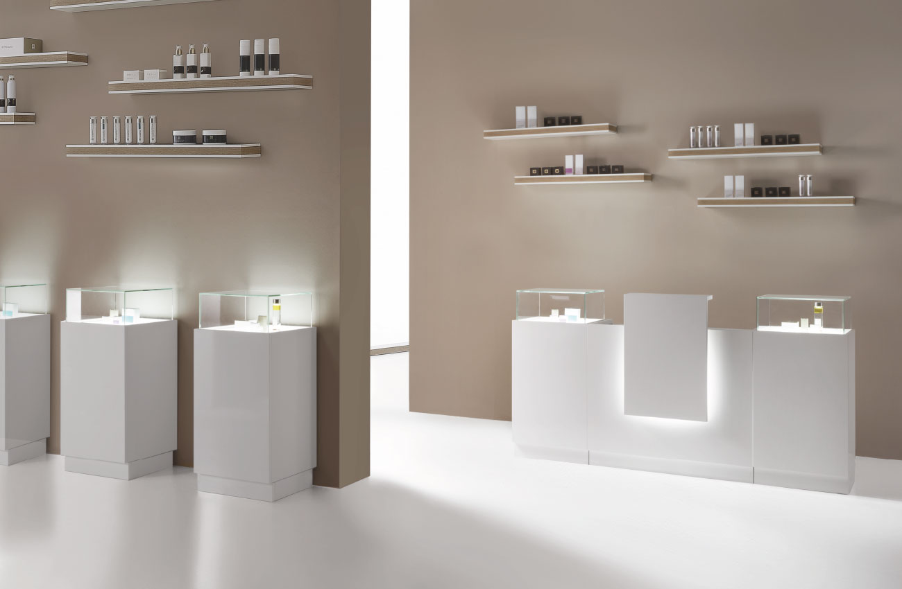 Empfangstheke 'Light' TRIS Glanz-Melamin, Schubladen, extrahierbare Elemente, LED-Frontplatt