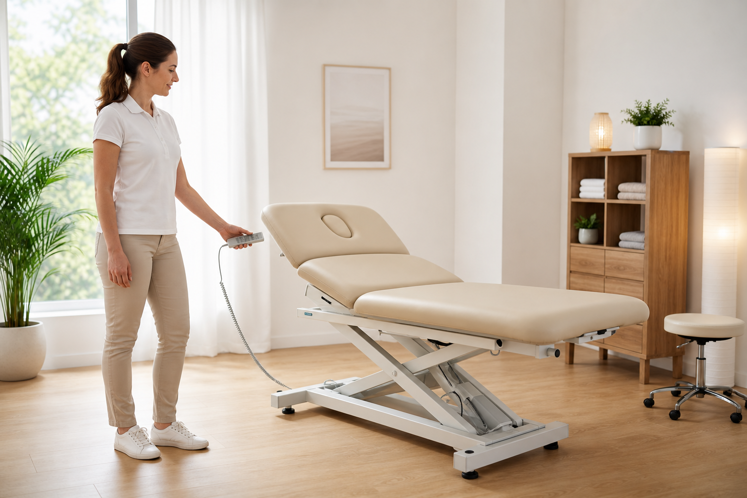 Therapeutin verstellt elektrische Massageliege per Fernbedienung in heller Praxis