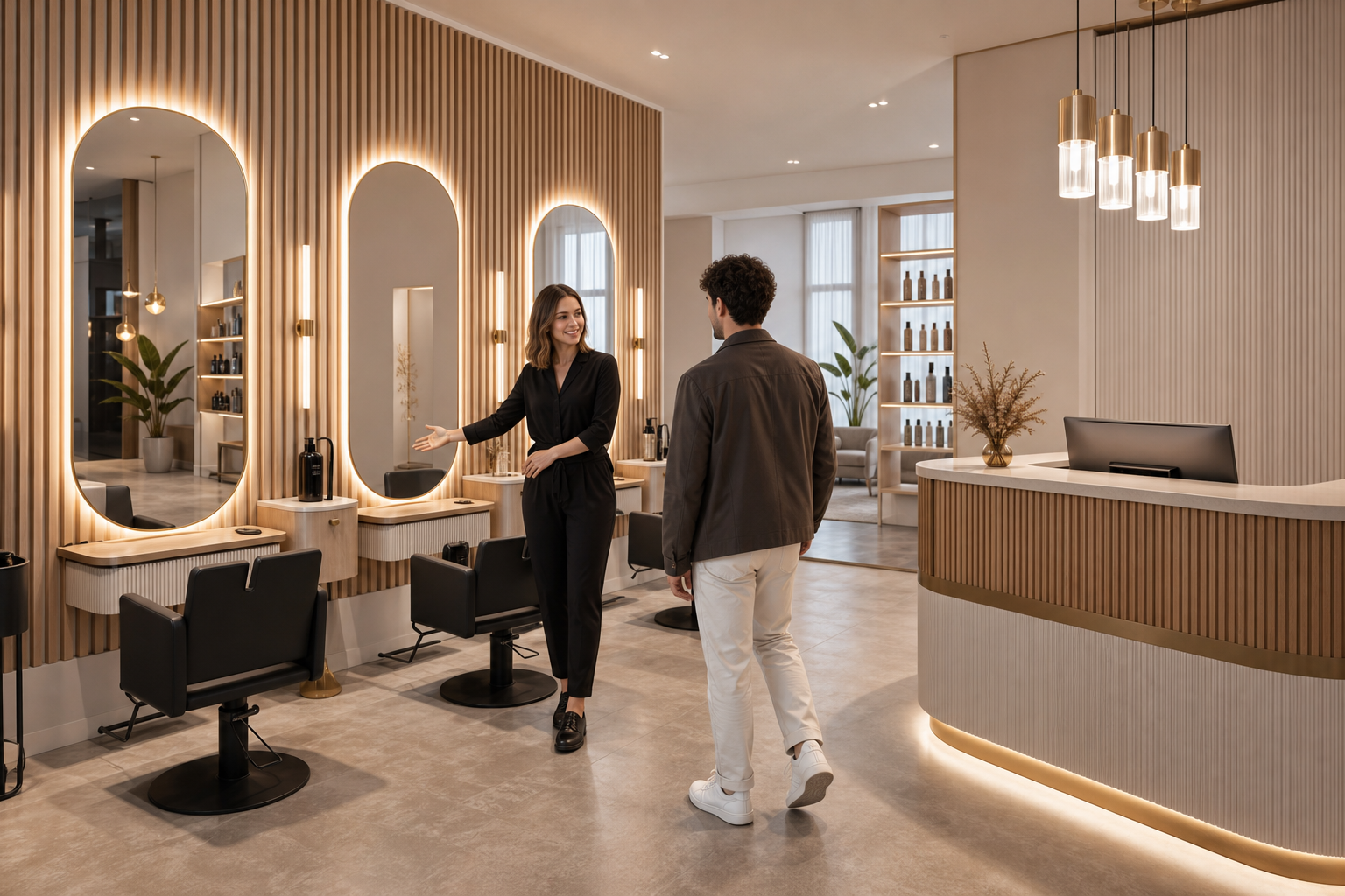 Coiffeurspiegel und Empfangstresen im Friseursalon, SOLENI Kollektion Mirplay