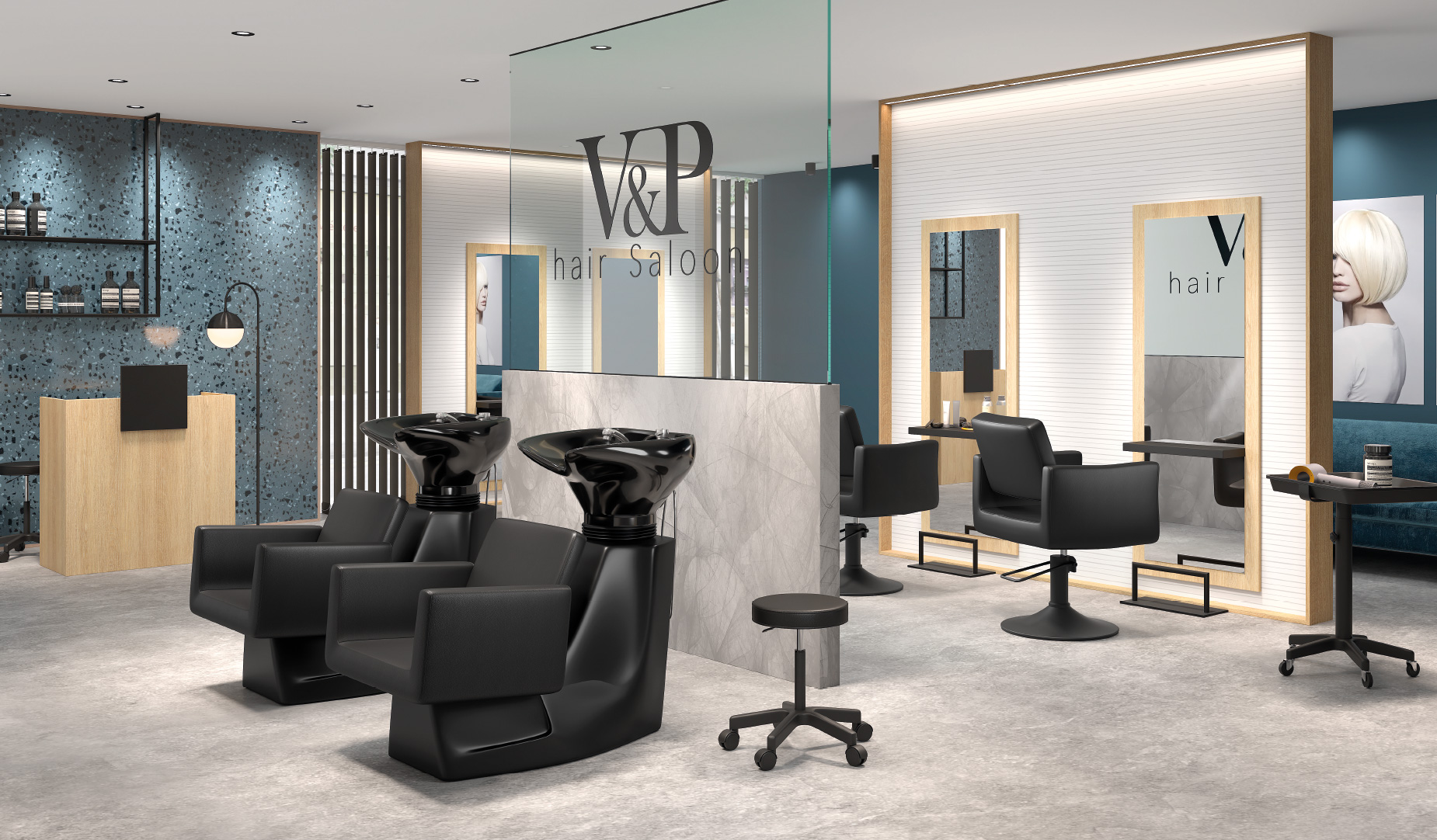Marine Hair Salon – Moderner Friseursalon in Eiche, Weiß und Blau