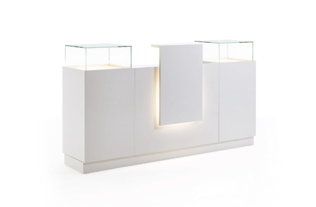 Moderne Vitrine "Light" aus weiß glänzendem Melamin-beschichtetem Holz mit LED-Beleuchtung