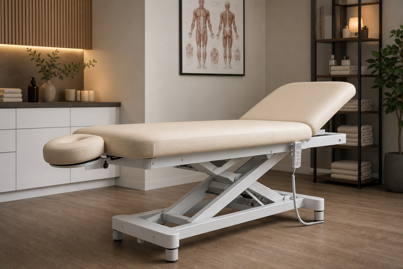 Elektrische Massageliege mit Fernbedienung in professioneller Praxisumgebung
