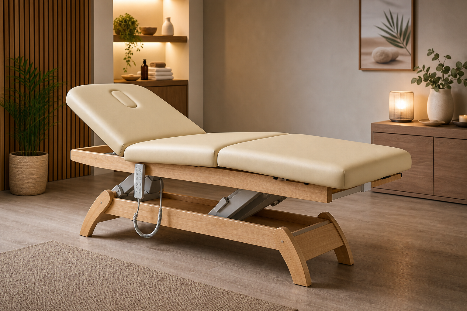 Elektrische Massageliege mit Holzgestell für Massage-Praxis und Wellness-Studio
