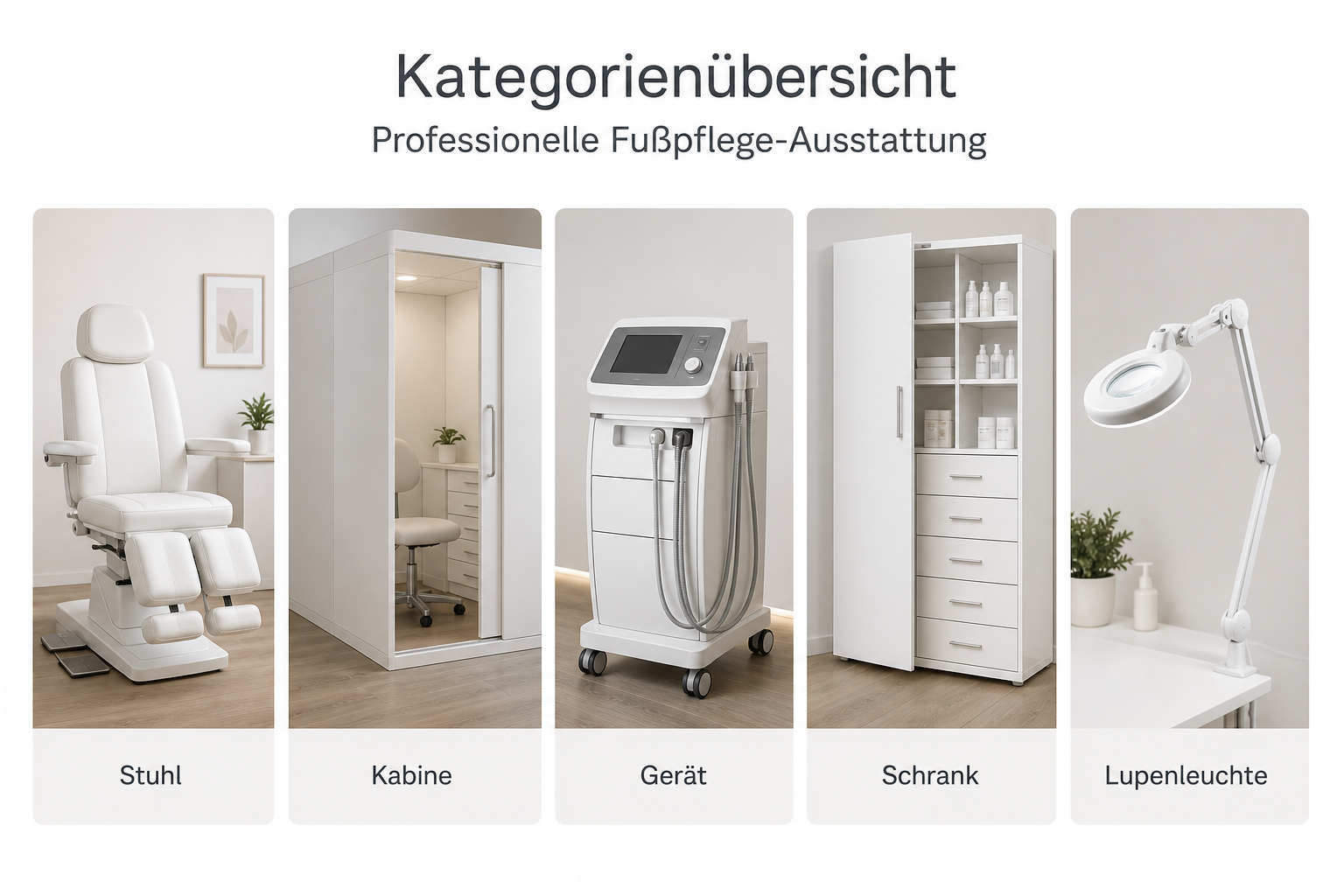 Kategorienübersicht professionelle Fußpflege-Ausstattung: Stuhl, Kabine, Gerät, Schrank, Lupenleuchte