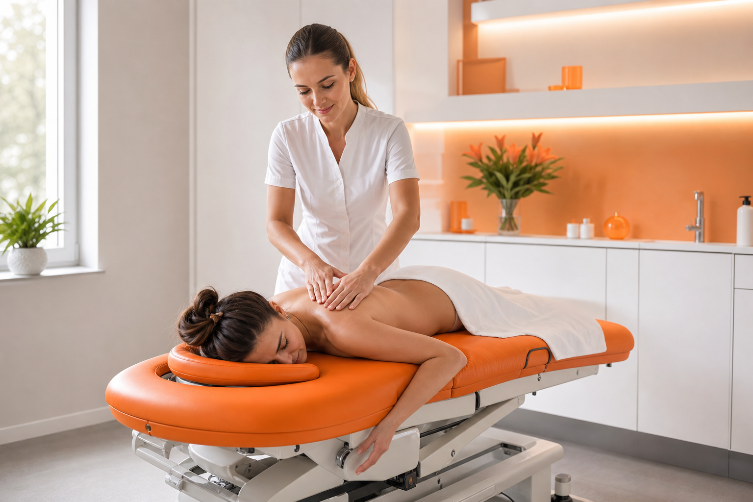 Elektrische Massageliege mit höhenverstellbarem Unterbau in einer professionellen Massage-Praxis