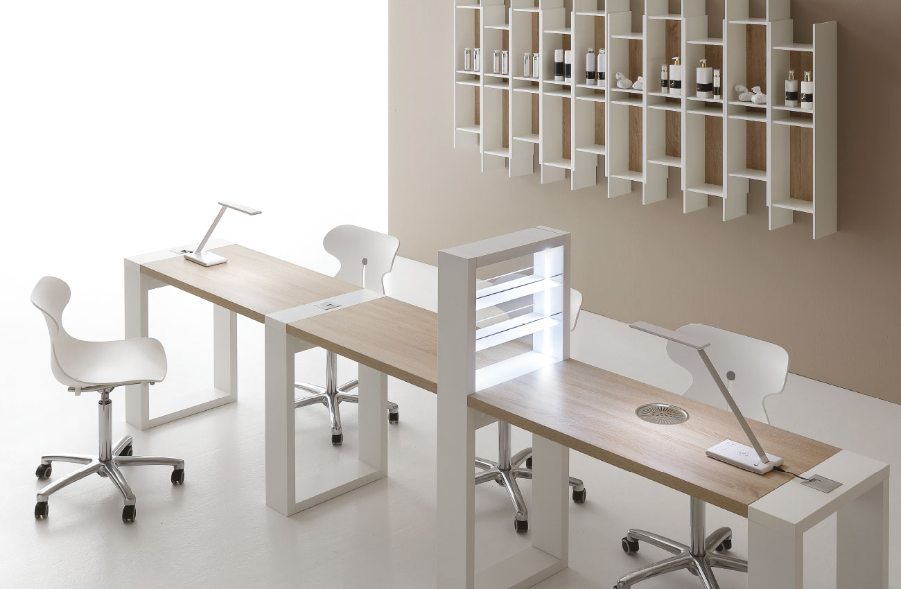 LED Maniküre-Tisch 'Living LED' mit modularer Struktur, Regalen und LED-Beleuchtung