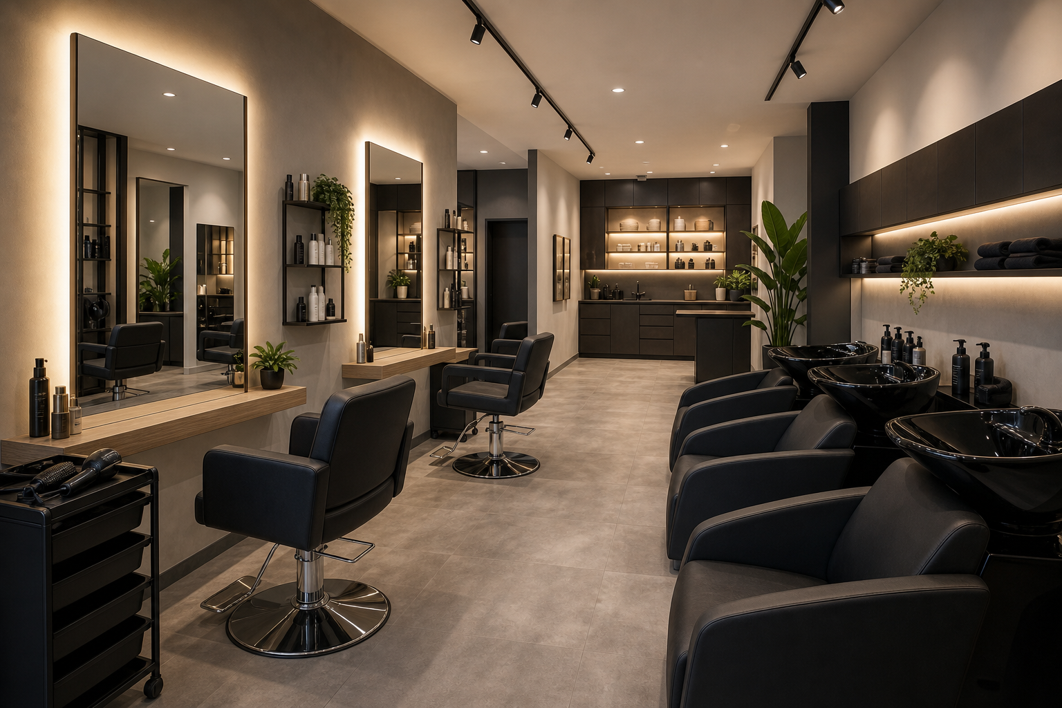 Vollständige Friseurausstattung mit Friseurstuhl, Waschanlage und Coiffeurspiegel in einem modernen Friseursalon
