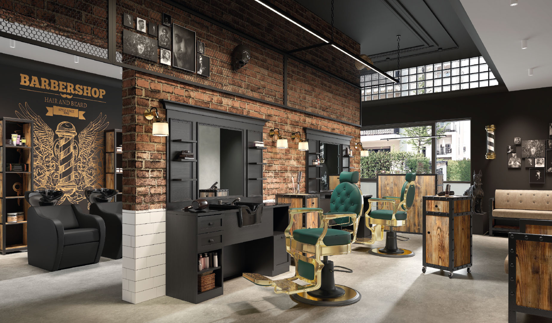 Skull Barber Shop – Klassischer Barbershop mit Gold- und Grüntönen