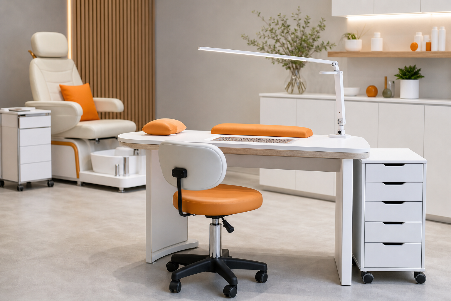 Professionelle Nagelstudio Einrichtung mit Nageltisch, Absaugung und Arbeitshocker